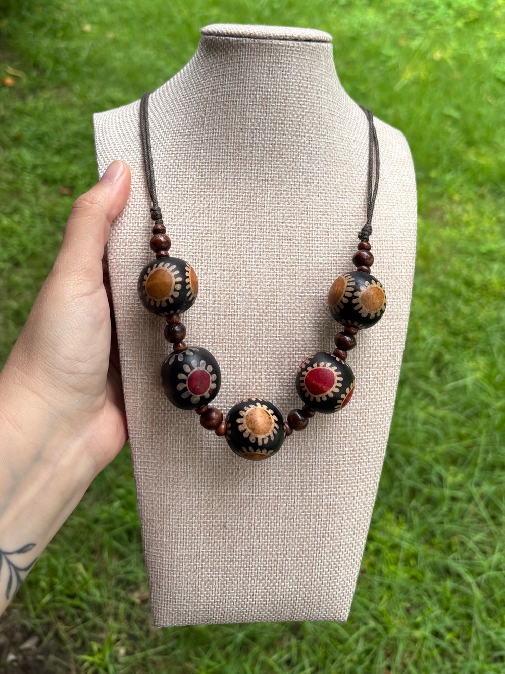 70s Handcrafted Boho Wooden Bead Necklace in Red and Tan